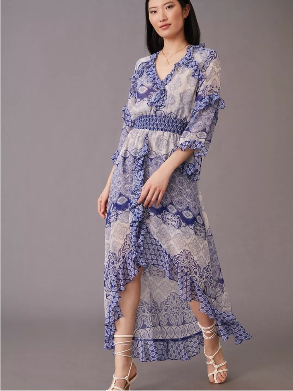 Misa Los Angeles Blue and White Paisley Ruffle Maxi Dress
